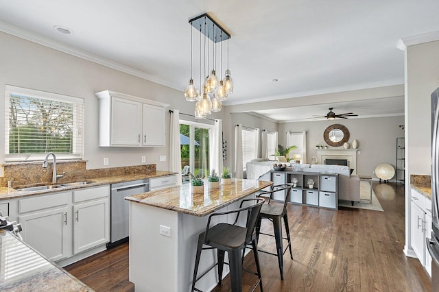 1S215 S Hyde Park, Geneva, IL 60134 - kitchen featuring stainless steel dishwasher, open floor plan, dark wood-style floors, light stone counters, and plenty of natural light