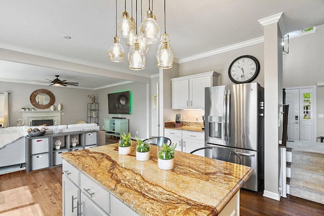 1S215 S Hyde Park, Geneva, IL 60134 - kitchen featuring stainless steel fridge, a ceiling fan, dark wood-style floors, open floor plan, and ornamental molding