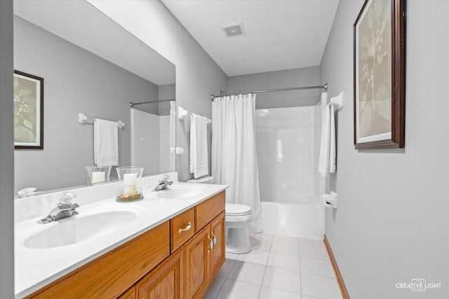 439 Camden Cir, Oswego, IL 60543 - full bath with shower / bath combo with shower curtain, tile patterned flooring, and double vanity