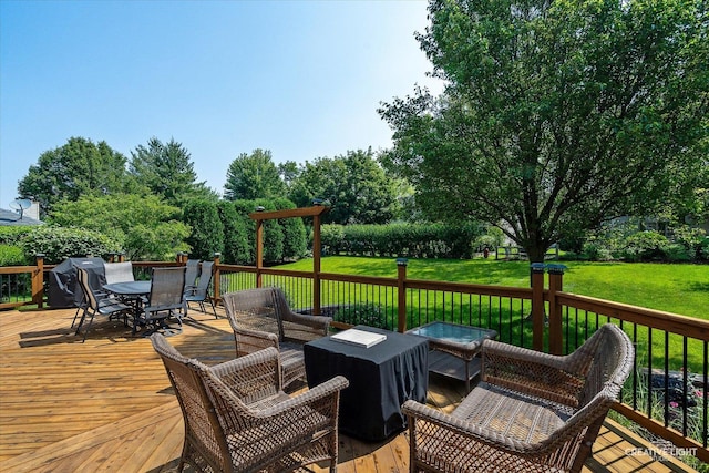 439 Camden Cir, Oswego, IL 60543 - deck featuring outdoor dining space, a lawn, grilling area, and an outdoor hangout area