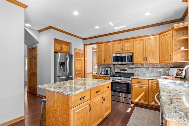 439 Camden Cir, Oswego, IL 60543 - kitchen featuring appliances with stainless steel finishes, open shelves, tasteful backsplash, dark wood-style flooring, and recessed lighting