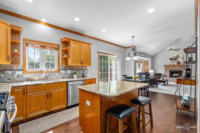 439 Camden Cir, Oswego, IL 60543 - kitchen with appliances with stainless steel finishes, open shelves, dark wood-style flooring, a fireplace, and light stone countertops