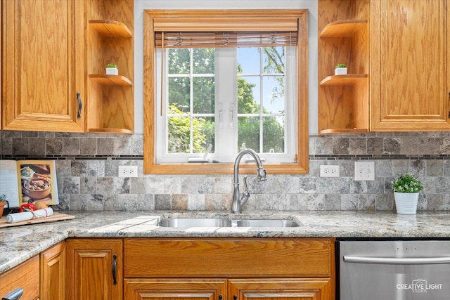 439 Camden Cir, Oswego, IL 60543 - kitchen with open shelves, stainless steel dishwasher, decorative backsplash, and light stone counters