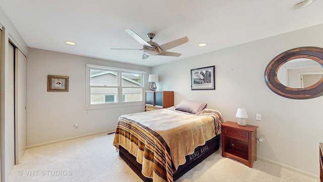 3026 N Stratford Rd, Arlington Heights, IL 60004 - bedroom with light colored carpet, recessed lighting, a ceiling fan, and a closet