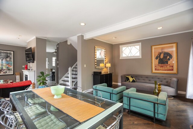 1663 W Farwell Ave, Chicago, IL 60626 - dining area with stairway, dark wood-style flooring, ornamental molding, baseboards, and recessed lighting