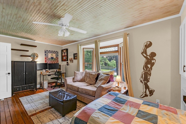 320 E Locust St, Watseka, IL 60970 - living room with hardwood / wood-style floors, wooden ceiling, a desk, ceiling fan, and crown molding
