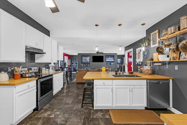 320 E Locust St, Watseka, IL 60970 - kitchen with appliances with stainless steel finishes, a ceiling fan, under cabinet range hood, a peninsula, and open floor plan