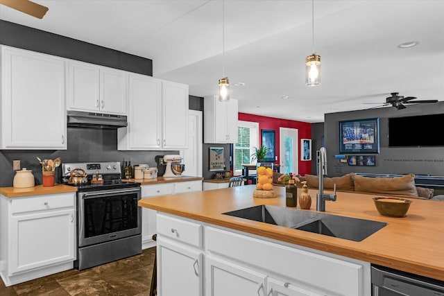 320 E Locust St, Watseka, IL 60970 - kitchen featuring stainless steel range with electric cooktop, under cabinet range hood, open floor plan, dishwasher, and ceiling fan