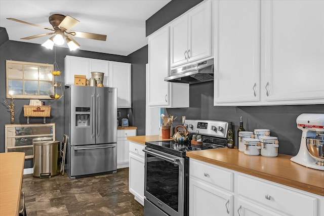 320 E Locust St, Watseka, IL 60970 - kitchen with appliances with stainless steel finishes, under cabinet range hood, ceiling fan, and white cabinets
