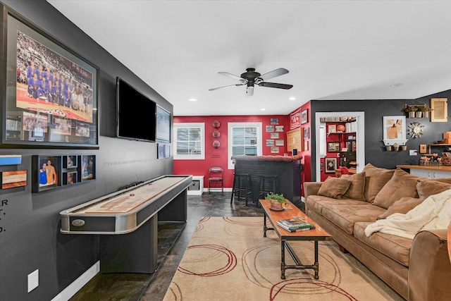 320 E Locust St, Watseka, IL 60970 - living room featuring ceiling fan, recessed lighting, and a bar
