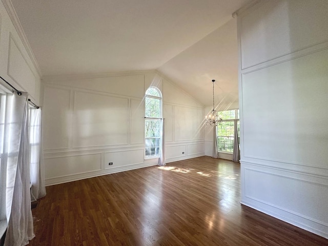 2015 Steward Ln, Plainfield, IL 60586 - unfurnished room featuring a decorative wall, a chandelier, dark wood finished floors, and lofted ceiling
