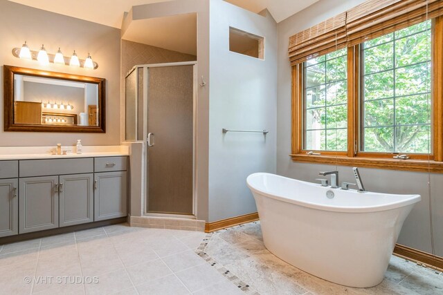 8820 Wilcox Ct, Newark, IL 60541 - bathroom with vanity, a shower stall, a soaking tub, and tile patterned flooring