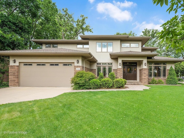 456 S Julian St, Naperville, IL 60540 - prairie-style house with brick siding, driveway, stucco siding, and a front lawn