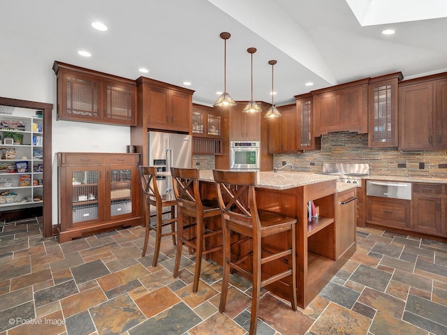 456 S Julian St, Naperville, IL 60540 - kitchen featuring appliances with stainless steel finishes, glass insert cabinets, a kitchen island, a warming drawer, and recessed lighting