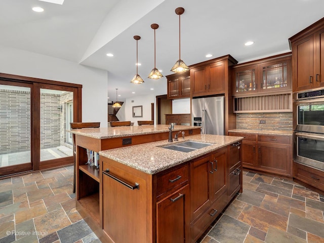 456 S Julian St, Naperville, IL 60540 - kitchen with stainless steel appliances, a kitchen island with sink, backsplash, recessed lighting, and hanging light fixtures
