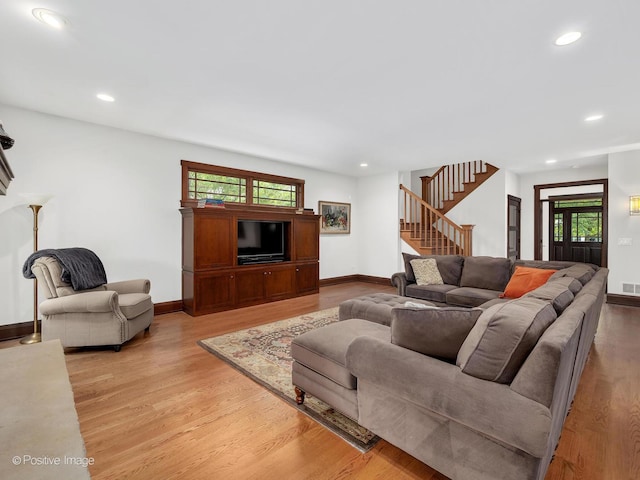 456 S Julian St, Naperville, IL 60540 - living room featuring stairs, plenty of natural light, light wood-type flooring, and recessed lighting
