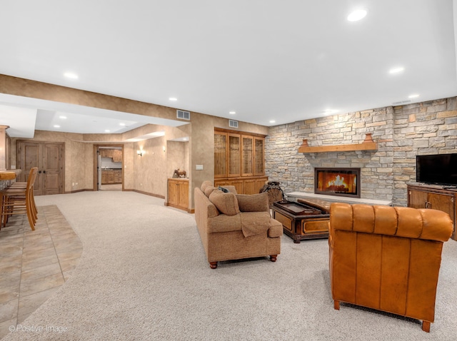 456 S Julian St, Naperville, IL 60540 - living area featuring recessed lighting, light colored carpet, and a stone fireplace