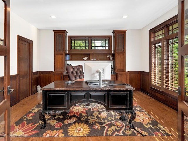 456 S Julian St, Naperville, IL 60540 - home office with wainscoting, healthy amount of natural light, light wood-style floors, wooden walls, and recessed lighting