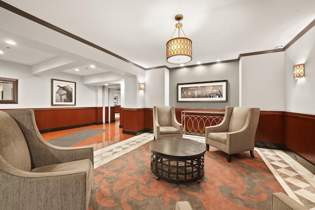 40 E 9th St Unit 1807, Chicago, IL 60605 - community lobby with a wainscoted wall, recessed lighting, crown molding, and wooden walls