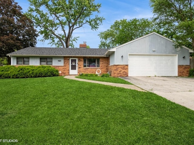296 Minocqua St, Park Forest, IL 60466 - ranch-style home with brick siding, an attached garage, a chimney, a front yard, and concrete driveway