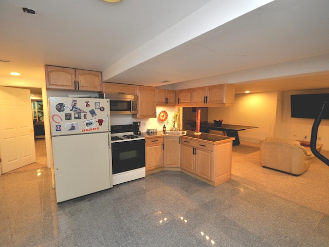 606 Reserve Ln, Joliet, IL 60431 - kitchen with white appliances, a peninsula, granite floors, light brown cabinetry, and recessed lighting