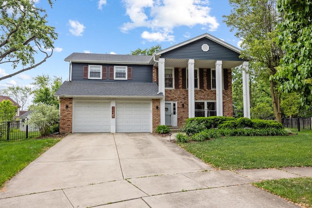 1125 Huntleigh Dr, Naperville, IL 60540 - neoclassical / greek revival house featuring brick siding, driveway, a garage, and roof with shingles