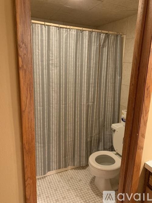 bathroom with toilet, tile patterned floors, vanity, and curtained shower