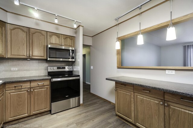 9737 N Fox Glen Dr Unit 4A, Niles, IL 60714 - kitchen with stainless steel appliances, track lighting, light wood finished floors, backsplash, and decorative light fixtures