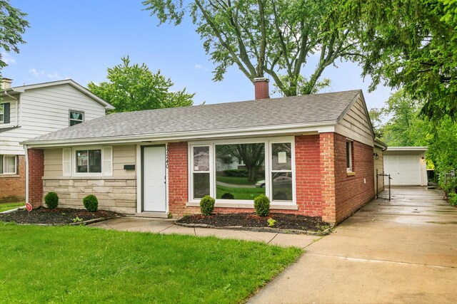 17240 Roy St, Lansing, IL 60438 - view of front facade with a shingled roof, a chimney, brick siding, and an outdoor structure