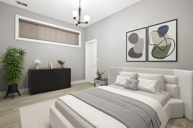 1505 N Talman Ave Unit 1, Chicago, IL 60622 - bedroom featuring a chandelier, light wood-style flooring, and baseboards