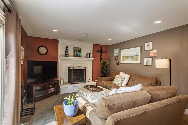 6S141 Park Meadow Dr, Naperville, IL 60540 - carpeted living area featuring recessed lighting and a brick fireplace
