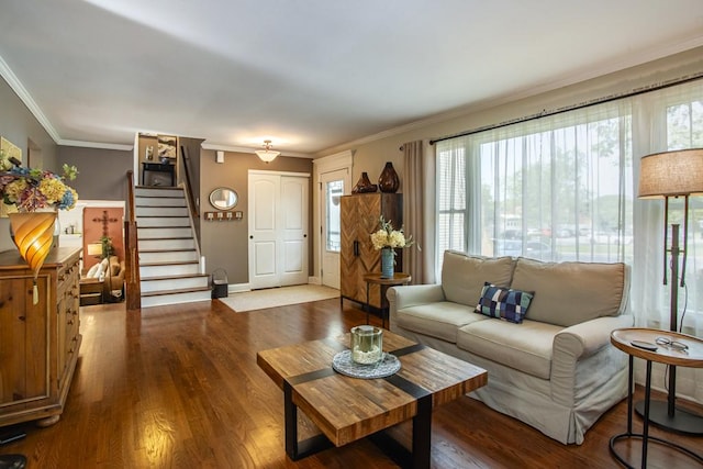 6S141 Park Meadow Dr, Naperville, IL 60540 - living area featuring stairs, wood finished floors, and crown molding