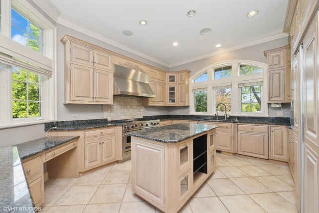 29026 N Brassie Ct, Ivanhoe, IL 60060 - kitchen featuring wall chimney range hood, high end stove, plenty of natural light, light brown cabinets, and ornamental molding