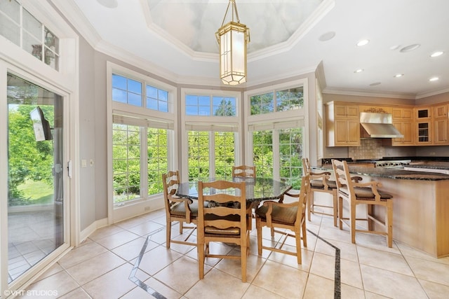 29026 N Brassie Ct, Ivanhoe, IL 60060 - dining space with light tile patterned floors, inlaid floor details, crown molding, recessed lighting, and a high ceiling
