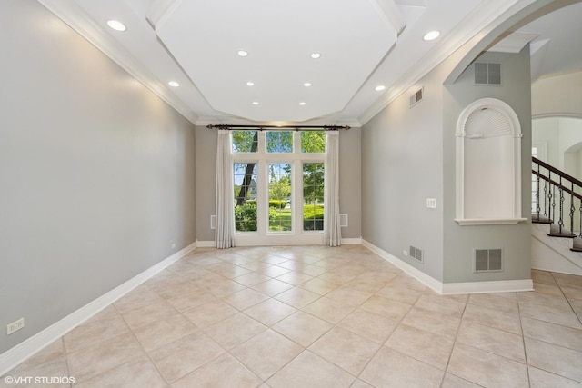29026 N Brassie Ct, Ivanhoe, IL 60060 - empty room with arched walkways, light tile patterned floors, crown molding, stairway, and recessed lighting
