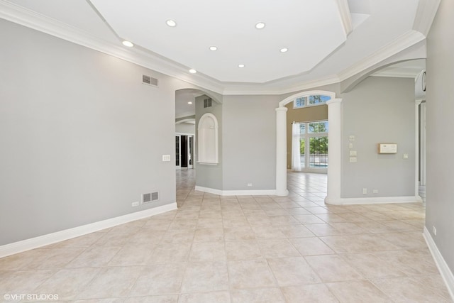 29026 N Brassie Ct, Ivanhoe, IL 60060 - spare room featuring arched walkways, crown molding, recessed lighting, light tile patterned floors, and baseboards