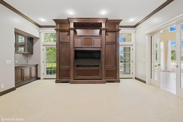 29026 N Brassie Ct, Ivanhoe, IL 60060 - unfurnished living room with ornamental molding, carpet flooring, baseboards, and recessed lighting