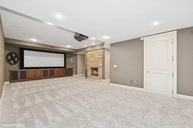 29026 N Brassie Ct, Ivanhoe, IL 60060 - cinema room featuring carpet floors, a fireplace, recessed lighting, and baseboards