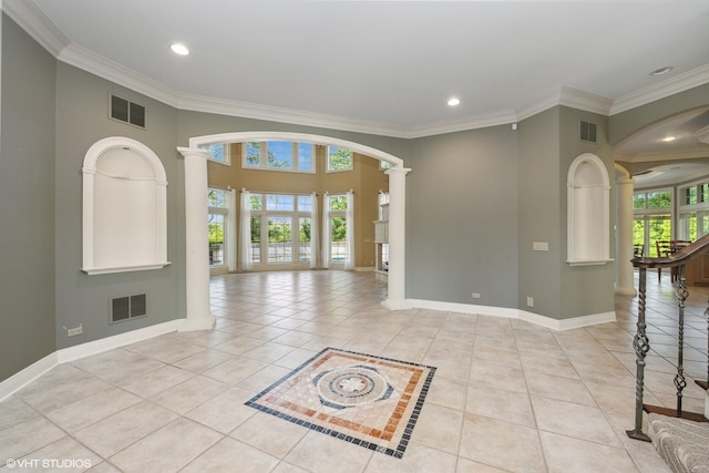 29026 N Brassie Ct, Ivanhoe, IL 60060 - spare room with ornate columns, arched walkways, baseboards, ornamental molding, and recessed lighting
