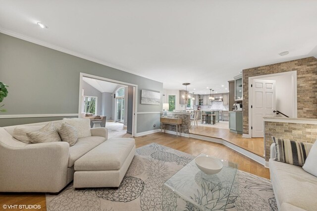 6724 Greene Rd, Woodridge, IL 60517 - living area featuring light wood-style flooring, baseboards, a chandelier, and crown molding