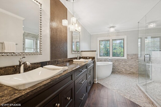 6724 Greene Rd, Woodridge, IL 60517 - full bath with crown molding, double vanity, a stall shower, hardwood / wood-style flooring, and a soaking tub