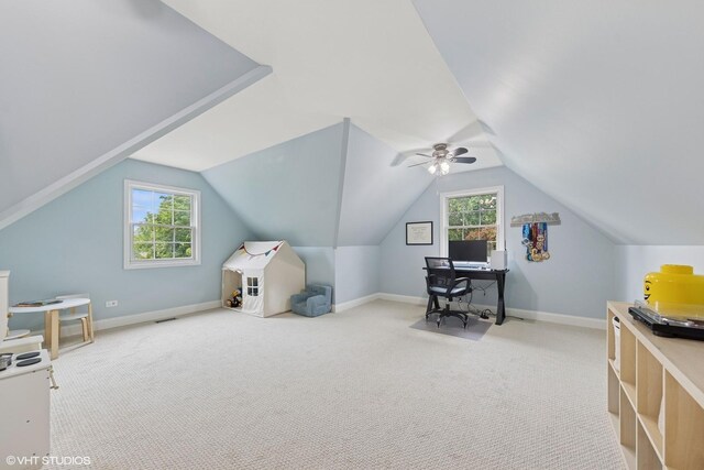 6724 Greene Rd, Woodridge, IL 60517 - office area featuring carpet, vaulted ceiling, baseboards, and a ceiling fan