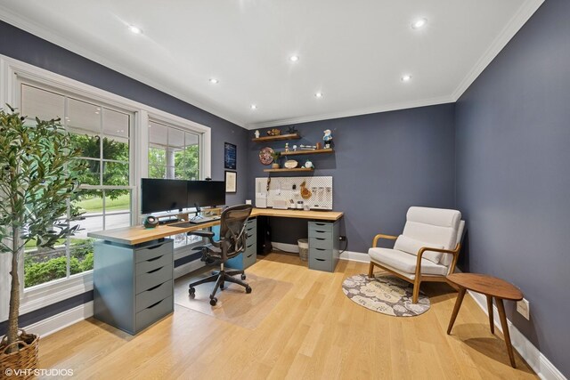 6724 Greene Rd, Woodridge, IL 60517 - office with baseboards, light wood-type flooring, crown molding, plenty of natural light, and recessed lighting