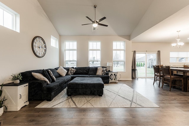 1125 Juniper Dr, Sycamore, IL 60178 - living area with a ceiling fan, plenty of natural light, wood finished floors, and high vaulted ceiling