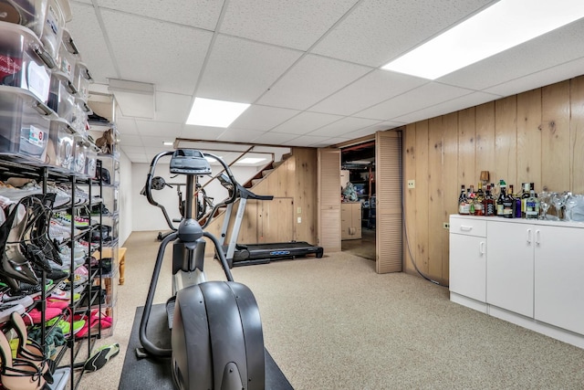 2310 Malik Ct, Glenview, IL 60025 - exercise room with wood walls, carpet floors, and a paneled ceiling