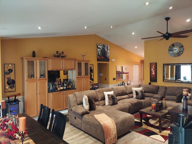 39806 Waterloo Dr, Beach Park, IL 60083 - living room featuring light wood-type flooring, a bar, vaulted ceiling, ceiling fan, and recessed lighting