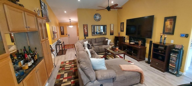 39806 Waterloo Dr, Beach Park, IL 60083 - living area with a ceiling fan, light wood-style floors, vaulted ceiling, and recessed lighting