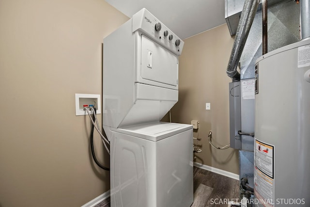 2312 Scott Ln Unit 2312, Aurora, IL 60502 - laundry area with estacked washer and dryer, gas water heater, and dark wood-style floors