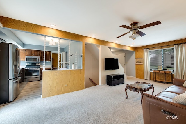 380 Ventura Club Dr, Roselle, IL 60172 - living room with light carpet, a ceiling fan, and recessed lighting