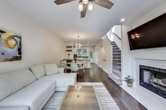 2801 N Wolcott Ave Unit L, Chicago, IL 60657 - living area with dark wood-style floors, stairs, ceiling fan, recessed lighting, and a fireplace
